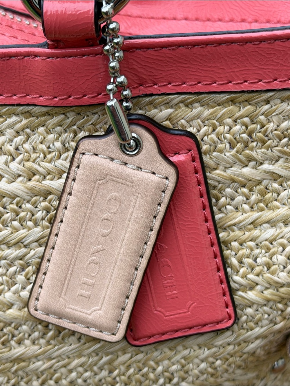 Coach Straw Floral Applique Tote Bag Pink Patent Leather Beach Shoulder F29861 - Picture 5 of 16